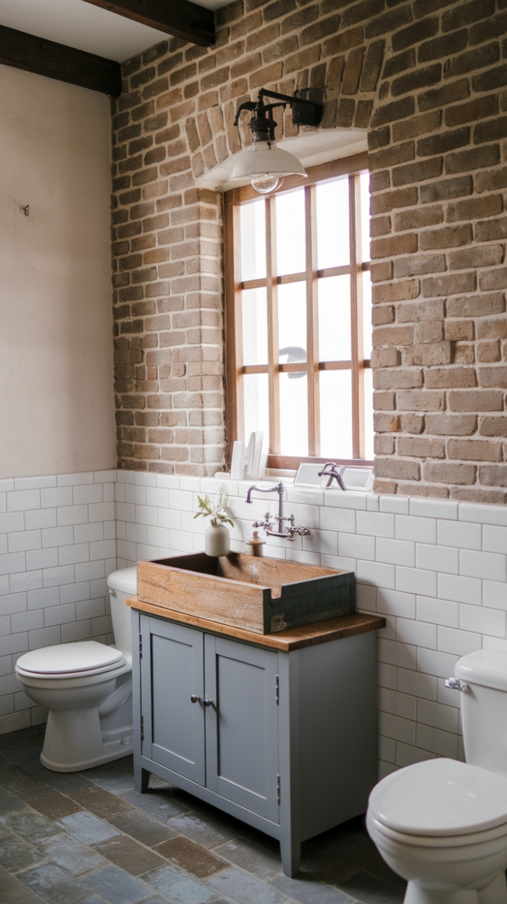 Imagine waking up to this: a haven of serene style where the warmth of farmhouse design meets the cool sophistication of industrial chic. Reclaimed wood, exposed brick, and vintage details create a space that's both beautifully unique and wonderfully inviting. The neutral color scheme and grey tile floor complete the look, promising a tranquil start to every day.