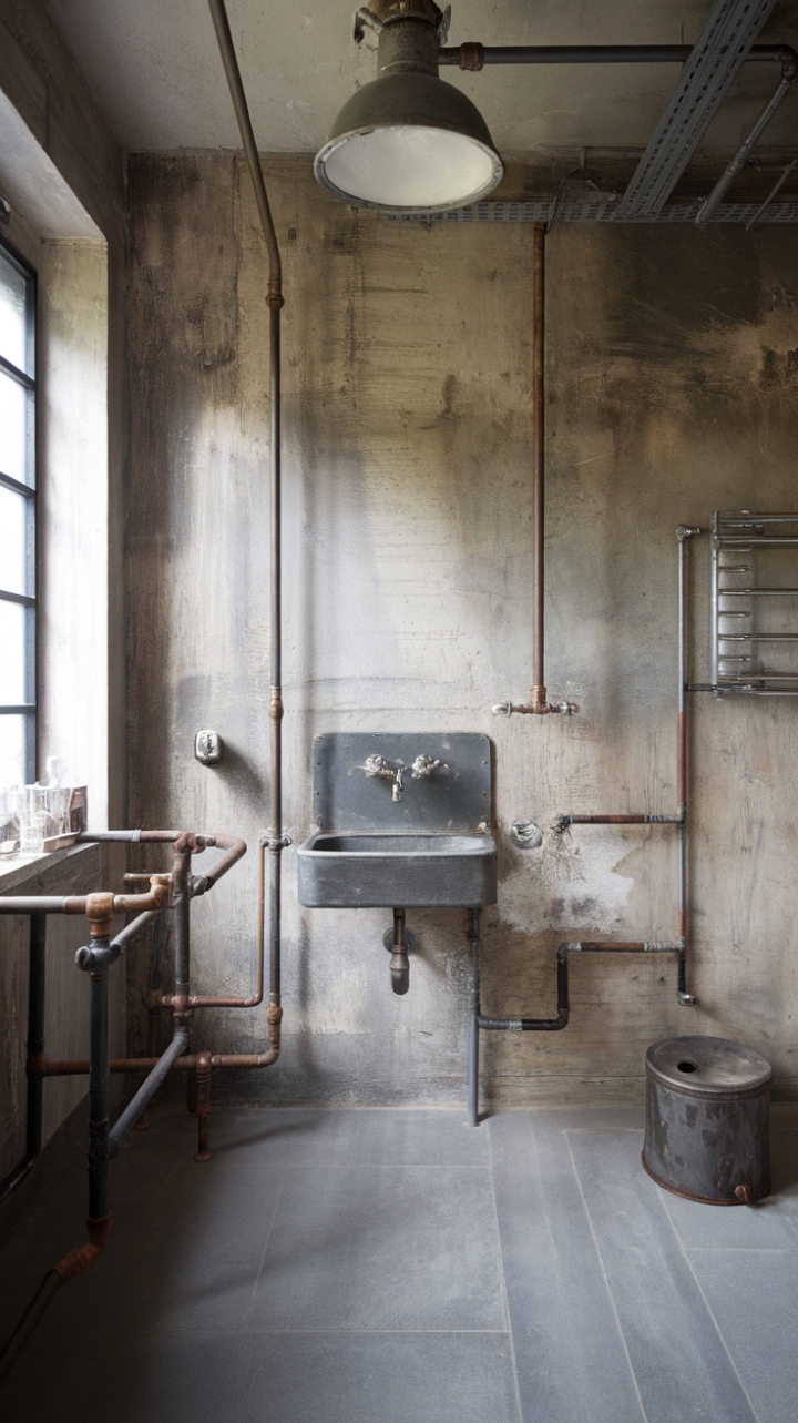 Raw concrete walls meet vintage industrial charm in this breathtaking bathroom. Metal fixtures gleam against the rugged texture, while exposed piping adds a touch of authentic factory flair. Gray tiles underfoot complete the minimalist, masculine aesthetic, punctuated by a striking vintage light fixture.
