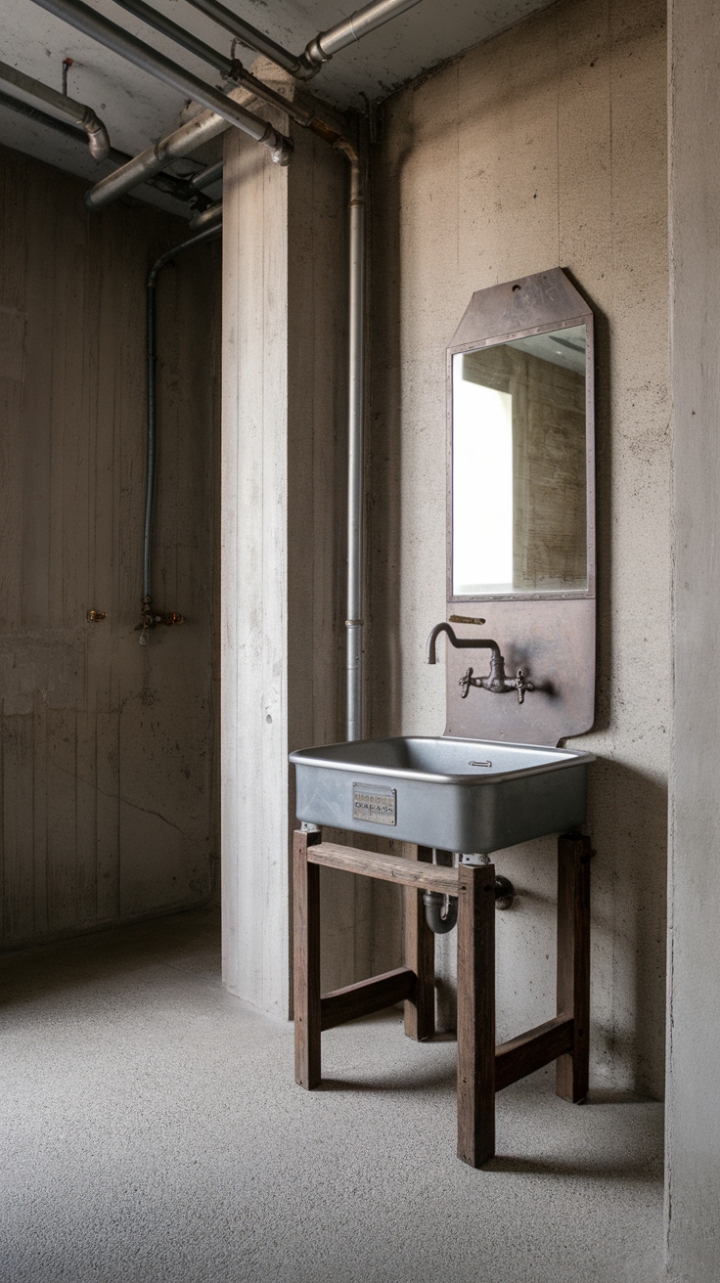 Unleash your inner urbanite in this breathtaking industrial bathroom. The juxtaposition of raw concrete walls and a reclaimed wood sink stand creates a captivating contrast, while the aged metal mirror and exposed plumbing add layers of authentic character. A sanctuary of stark beauty and gritty charm.