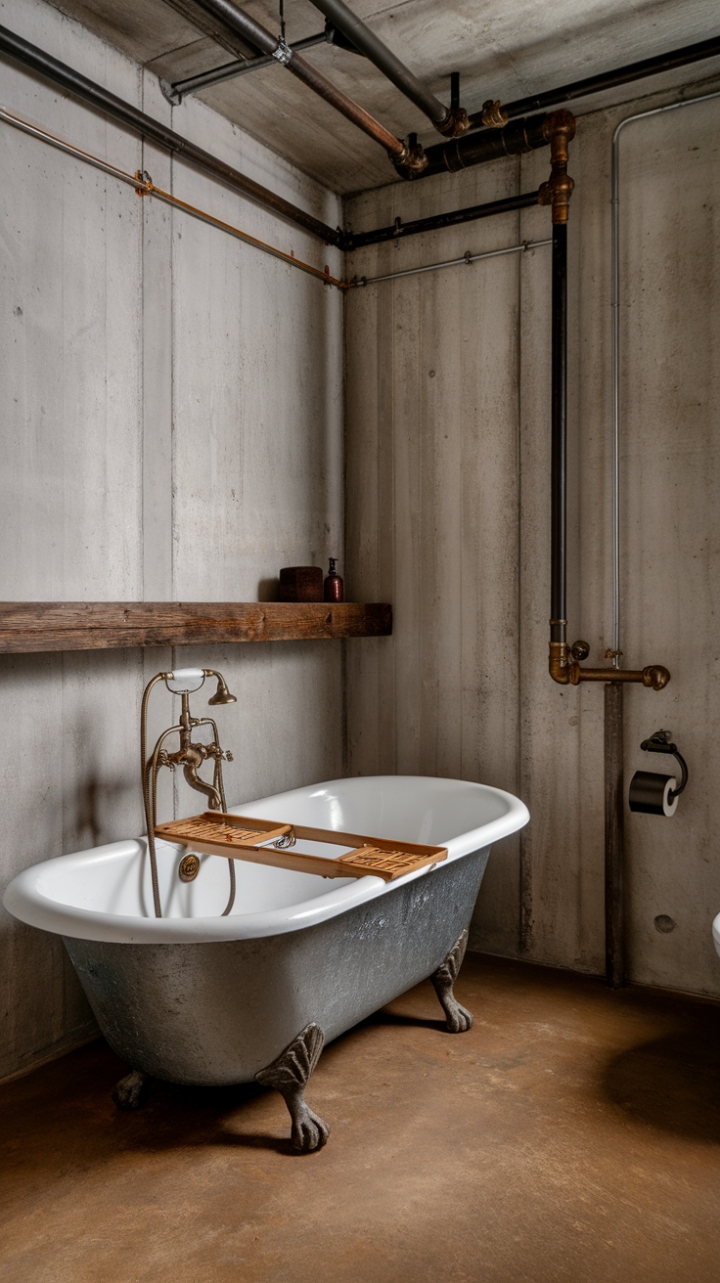 Raw concrete and reclaimed soul: This industrial bathroom's vintage clawfoot tub and exposed pipes create a haven of rustic urban chic. The minimalist aesthetic, punctuated by brass accents and rugged textures, is a masterclass in refined grit.