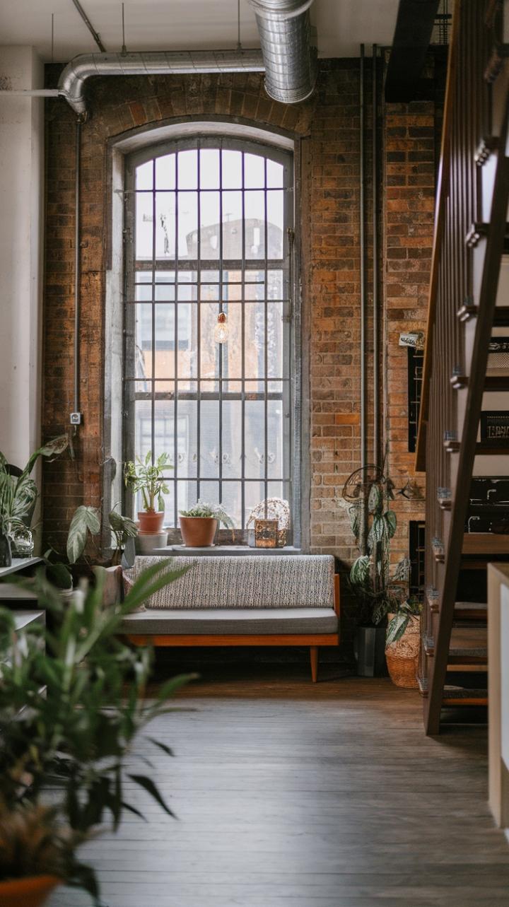 Ready to fall for raw, urban chic? This industrial loft's exposed brick, vintage fixtures, and minimalist design create a space that's both edgy and inviting. The patterned cushion adds a pop of personality against the backdrop of raw materials and a large window framed by metal bars, while the wooden staircase and strategically placed greenery soften the industrial aesthetic.