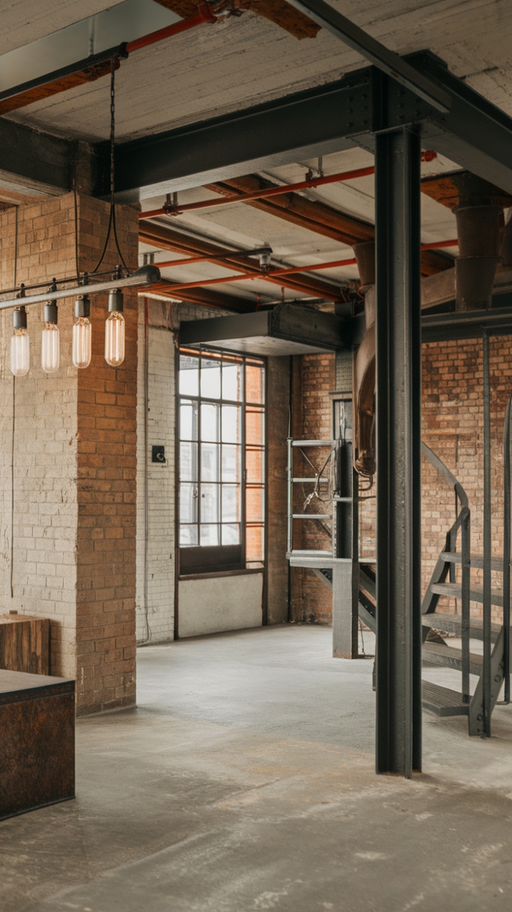 This converted factory apartment is a masterclass in industrial design. The marriage of exposed brick, concrete floors, and reclaimed wood is simply stunning. Modern metal accents, including a dramatic staircase and structural column, add a touch of contemporary edge. Vintage lighting and furniture pieces provide a welcome dose of warmth, creating a space that's both stylish and surprisingly inviting.
