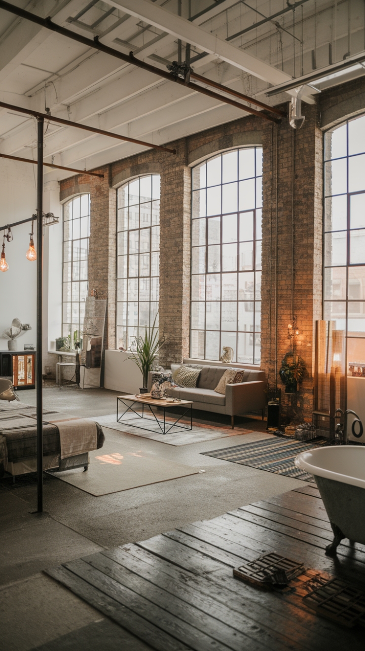 Ready to fall for raw, urban chic? This loft's exposed brick, soaring ceilings, and vintage finds create an effortlessly cool space where industrial grit meets minimalist calm. The concrete and wood floors ground the airy feel, while a cast iron tub and unique lighting add character.