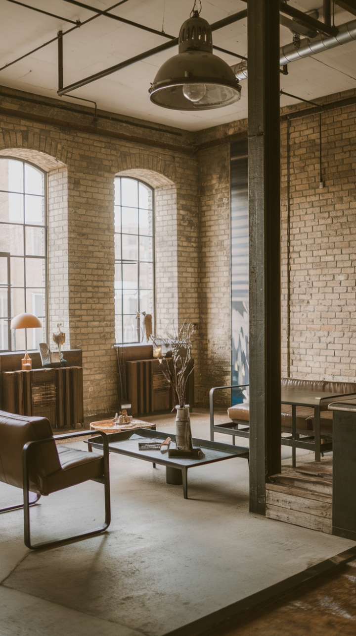 Concrete, brick, and reclaimed wood—the textures tell a story in this modern industrial living room. A minimalist aesthetic reigns, punctuated by the character of exposed materials and a vintage lighting fixture that adds a touch of unexpected warmth.