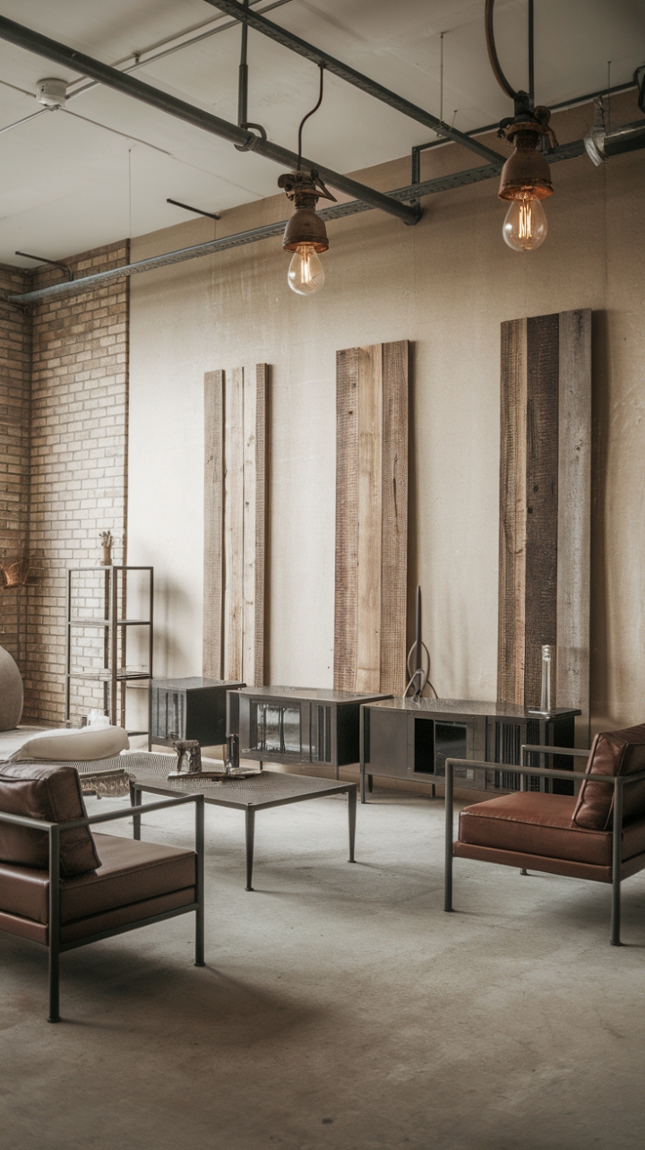 Imagine sinking into a plush sofa in this stunning modern industrial living room. Exposed brick whispers stories of the past, while the concrete floors and reclaimed wood accents ground the space in a beautifully raw aesthetic. Metal furniture adds a touch of edgy sophistication, perfectly balanced by the soft glow of a vintage pendant light.
