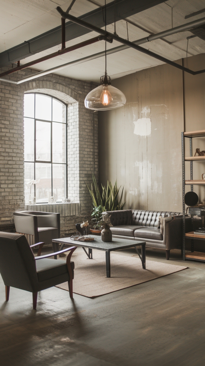 Craving a modern industrial aesthetic? This stunning loft apartment showcases the perfect blend of raw texture and refined style. Exposed brick walls meet sleek metal furniture, while a vintage light fixture casts a warm glow over the concrete floors and reclaimed wood accents. The neutral color palette and minimalist design create a sophisticated and inviting atmosphere.