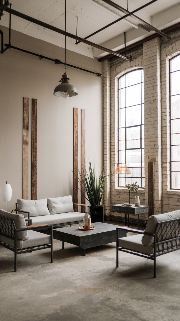 Craving a space that's both cool and calm? This modern industrial living room delivers. High ceilings and exposed brick create a dramatic backdrop for a curated collection of metal furniture and reclaimed wood accents. The neutral color scheme and minimalist approach ensure the focus remains on the stunning architectural details and the unique character of each piece.
