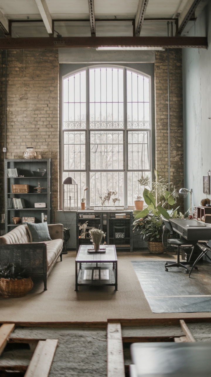 Imagine waking up in this breathtaking loft! High ceilings, exposed brick, and a generous window with iron bars bathe the space in natural light. The minimalist furniture arrangement, punctuated by vintage finds and lush greenery, speaks volumes about sophisticated, industrial-inspired living.