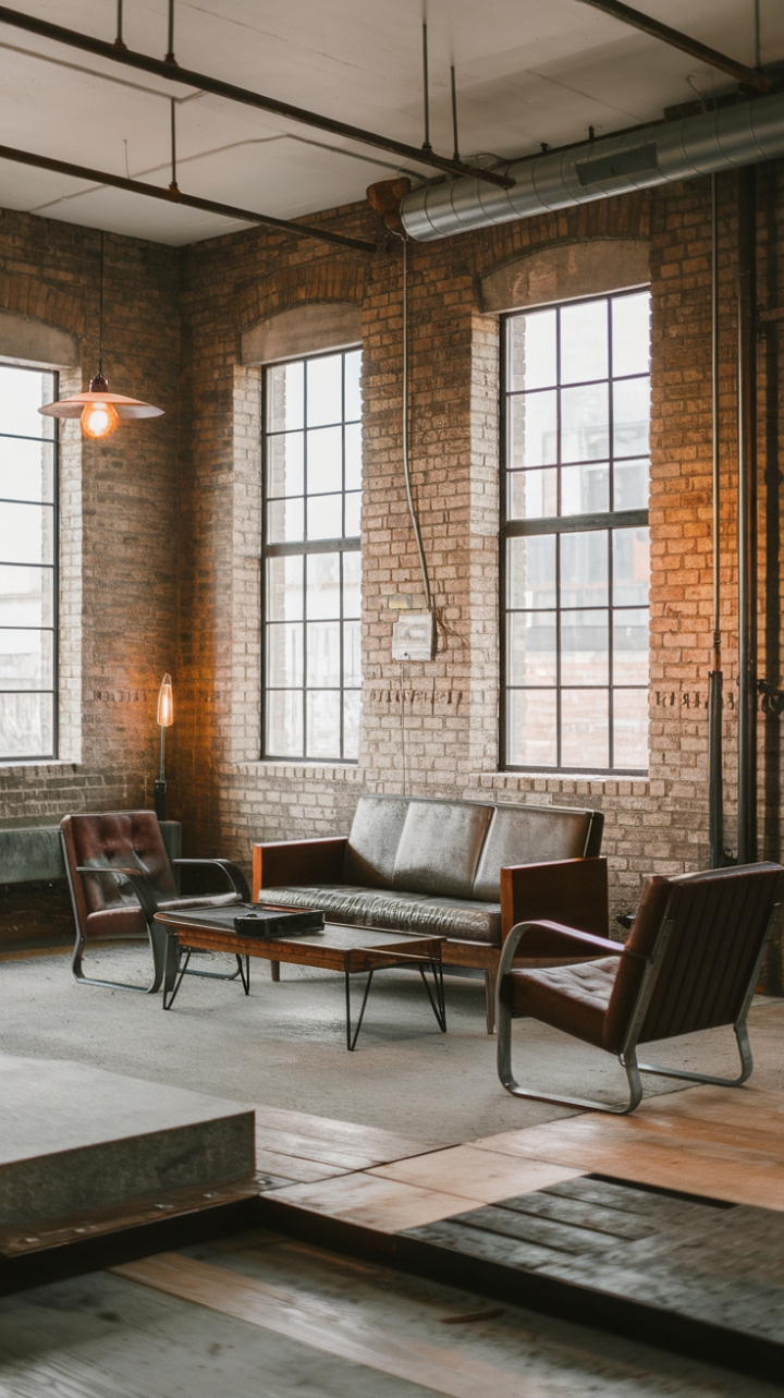 Raw textures meet refined style in this industrial-chic living room. Exposed brick, a vintage pendant light, and a minimalist palette create a loft-like ambiance, while the wooden sofa and metal accents add warmth and character. The raw concrete and wood flooring complete the look, showcasing a space that's both edgy and inviting.