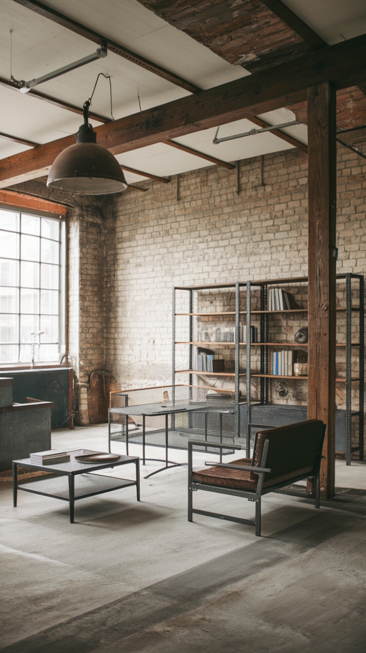 Raw urban grit meets refined industrial chic. Exposed brick, concrete floors, and vintage lighting create a dramatic backdrop for minimalist metal furniture, proving that less is truly more.