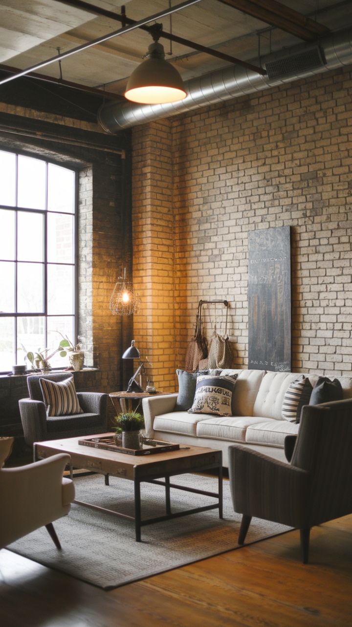Rustic charm meets urban edge in this breathtaking industrial farmhouse living room. Exposed brick, reclaimed wood, and vintage finds create a cozy haven, while industrial lighting and metal accents add a touch of modern grit. The perfect blend of textures and styles for a space that's both inviting and undeniably stylish.