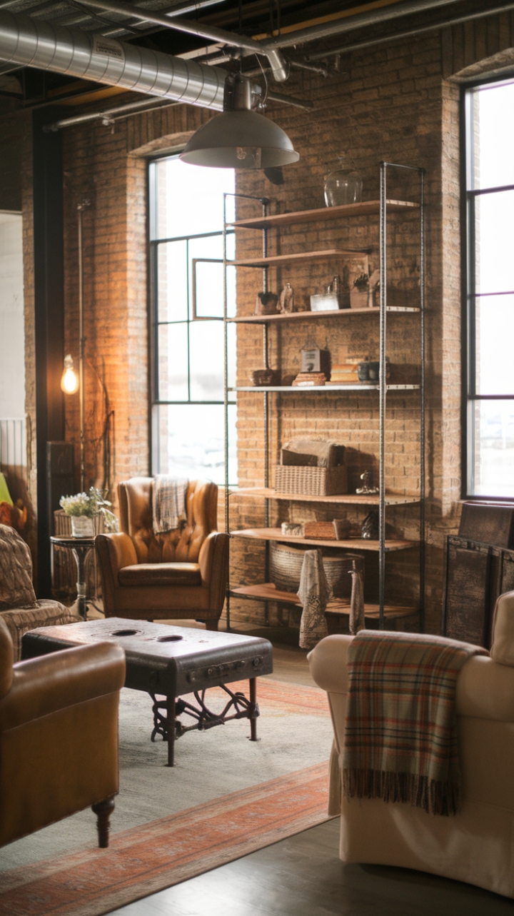 Rustic charm meets industrial edge in this breathtaking living room. Exposed brick whispers stories of the past, while reclaimed wood and vintage finds add character and warmth. Metal accents, a cozy plaid throw, and a warm rug complete the inviting ambiance.