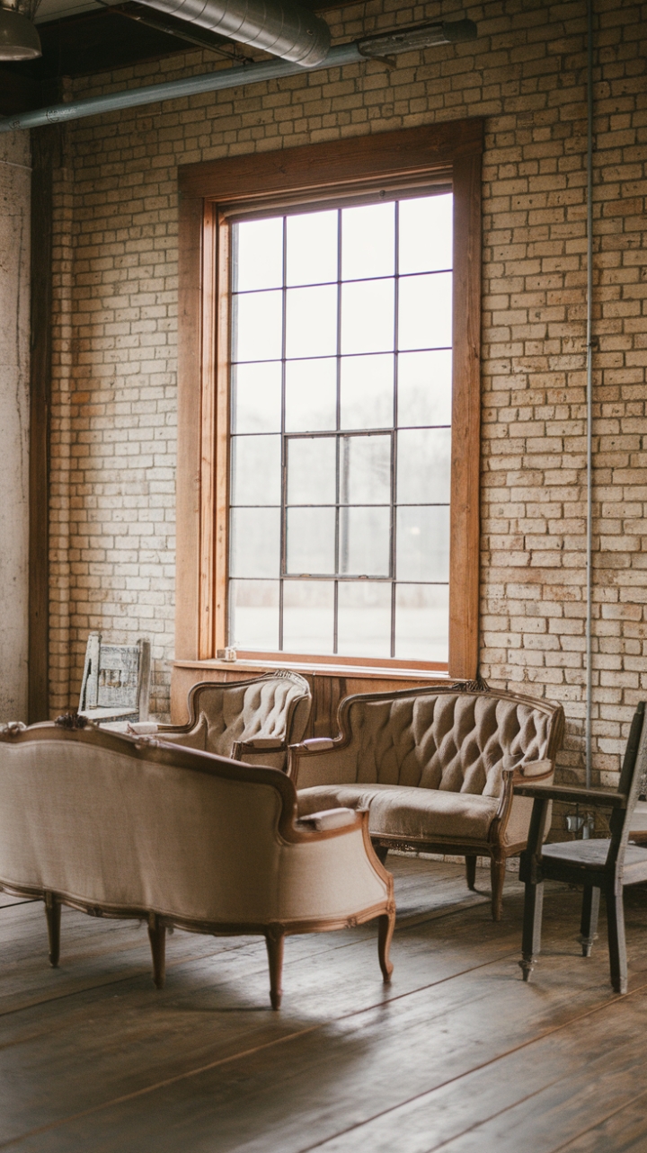 Rustic charm meets industrial edge in this breathtaking living room. A vintage sofa, weathered wood floors, and exposed brick walls create a cozy haven, while metal accents and a striking industrial light fixture add a touch of modern grit. The large window bathes the space in natural light, perfectly complementing the warm, inviting ambiance.
