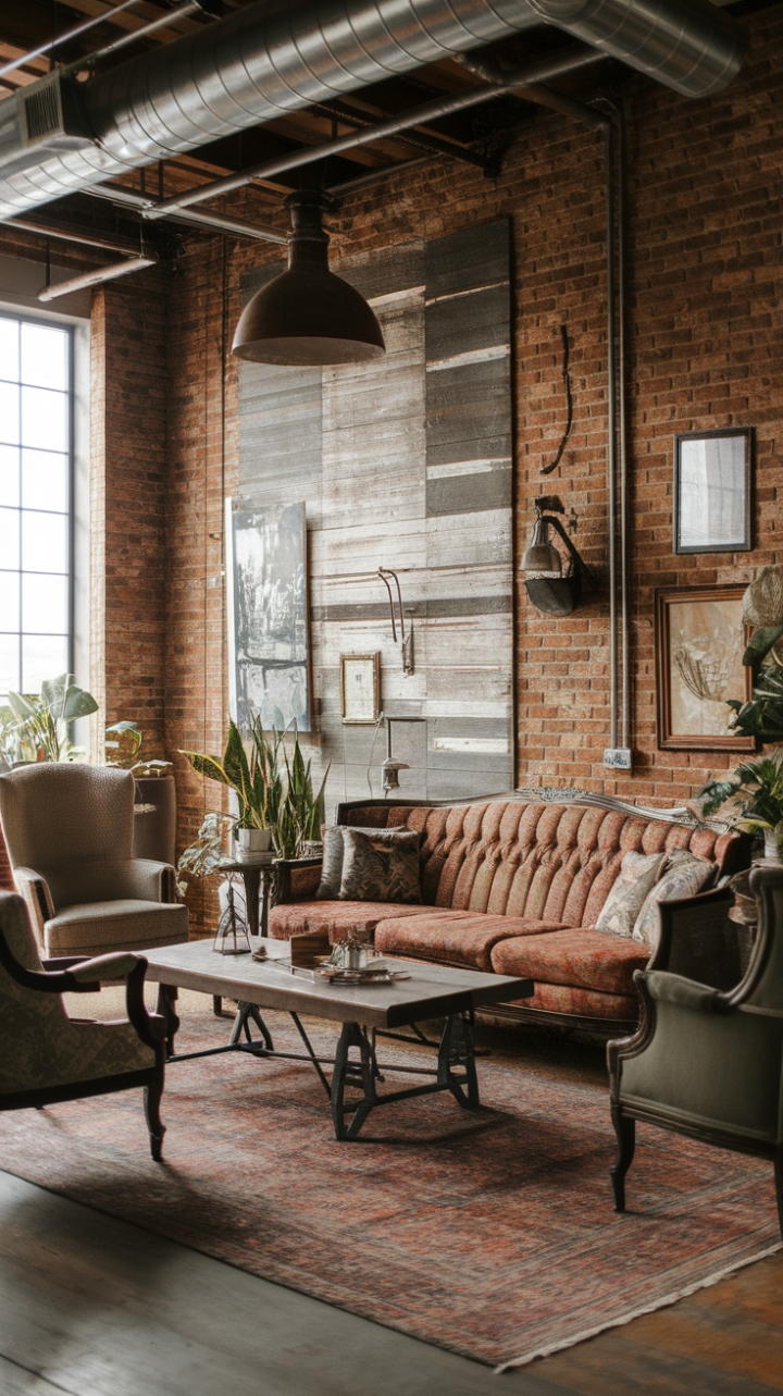 Raw textures and refined style collide in this captivating industrial farmhouse haven. Reclaimed wood, exposed brick, and vintage furniture create a space brimming with character, while a patterned rug and carefully chosen artwork inject warmth and personality. The large metal pendant lamp casts a dramatic glow, perfectly complementing the inviting ambiance.