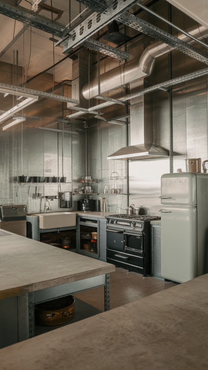 Craving a kitchen with serious character? Look no further. This factory-inspired design masterfully blends vintage charm with industrial edge. High ceilings, concrete countertops, and a symphony of metallics create a space that's both bold and beautifully understated. The minimalist approach ensures every detail—from the exposed pipes to the retro appliances—commands attention.