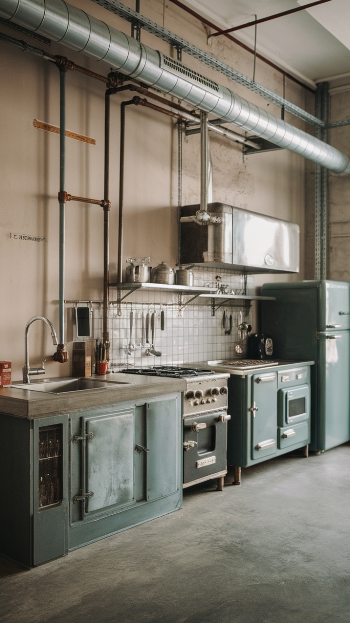 Ready to trade your predictable kitchen for a space that's seriously chic? This industrial-chic loft kitchen boasts raw concrete countertops, gleaming metallic accents, and vintage appliances that whisper stories of a bygone era. Exposed pipes add a touch of gritty charm, while the minimalist design keeps the focus on the stunning textures and materials.