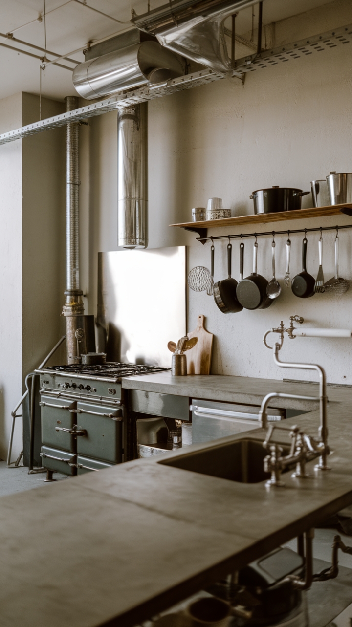 Ready to trade your farmhouse sink for something a little grittier? This industrial kitchen's raw concrete counters and exposed pipes create a space that's both strikingly modern and undeniably cool. The vintage stove adds a touch of nostalgic charm, while the minimalist aesthetic keeps the focus on the stunning metallic finishes.