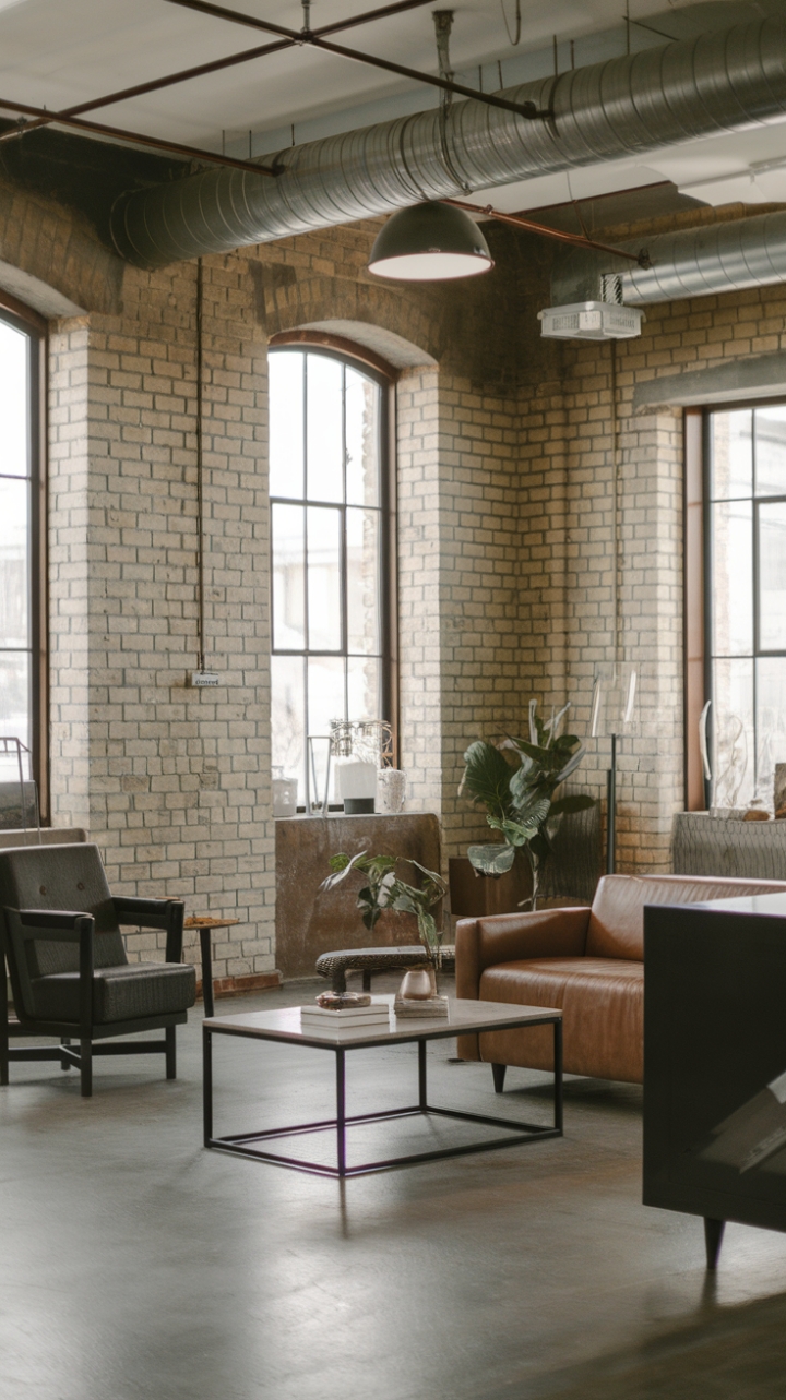 Raw urban grit meets refined modernism in this breathtaking loft. Exposed brick whispers history while sleek metal and warm wood create a haven of sophisticated industrial style. The concrete floor grounds the space, allowing the interplay of textures and light to take center stage.