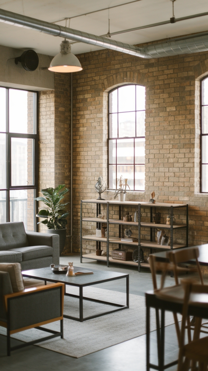 Craving a contemporary industrial aesthetic? This open-concept living room showcases the perfect blend of textures and materials. Exposed brick walls meet sleek metal furniture and rich wood tones, creating a space that's both edgy and comfortable. The minimalist design allows the raw beauty of the materials to shine, while a strategically placed plant adds a touch of organic warmth.