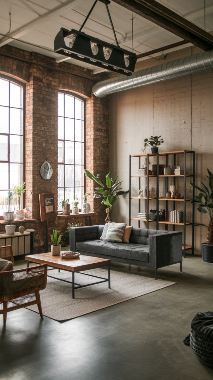 Raw urban grit meets refined modernism in this breathtaking loft. Exposed brick, a soaring ceiling, and industrial lighting create a dramatic backdrop for a curated collection of textures and tones—sleek metal, warm wood, and lush greenery—resulting in a space that's both edgy and inviting.