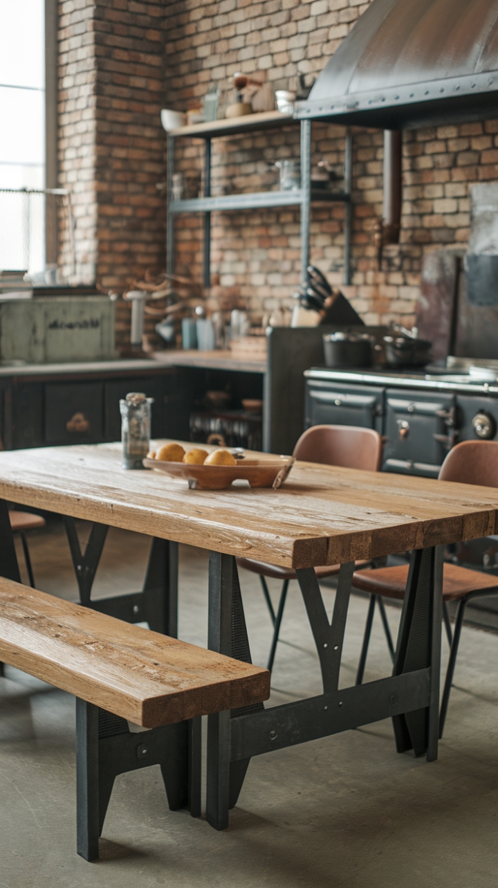 Imagine cozying up to this stunning reclaimed wood and steel dining table, the heart of a modern industrial kitchen. Exposed brick walls whisper tales of history, while the vintage stove and metal shelving add layers of texture and personality. This isn't just a kitchen; it's a statement.