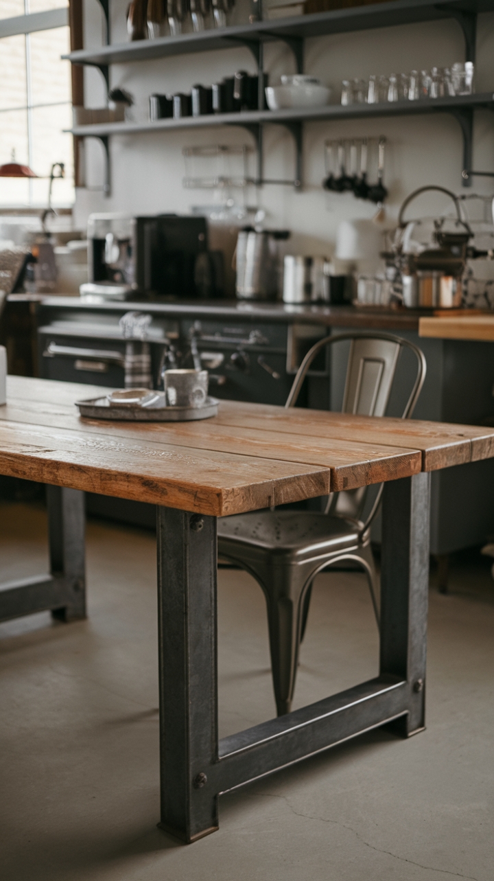 Reclaimed wood meets raw metal in this industrial-chic dining setting. The vintage-inspired table, grounded by a sturdy metal base, anchors the space with rustic charm, while the surrounding appliances add a touch of modern functionality. A perfect blend of old and new for the discerning homeowner.