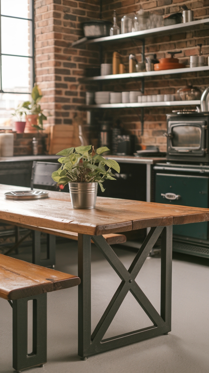 Raw, reclaimed wood meets sleek steel in this industrial-chic dining space. Exposed brick, vintage oven, and a touch of greenery create a captivating blend of rustic charm and modern edge. The perfect setting for unforgettable gatherings.