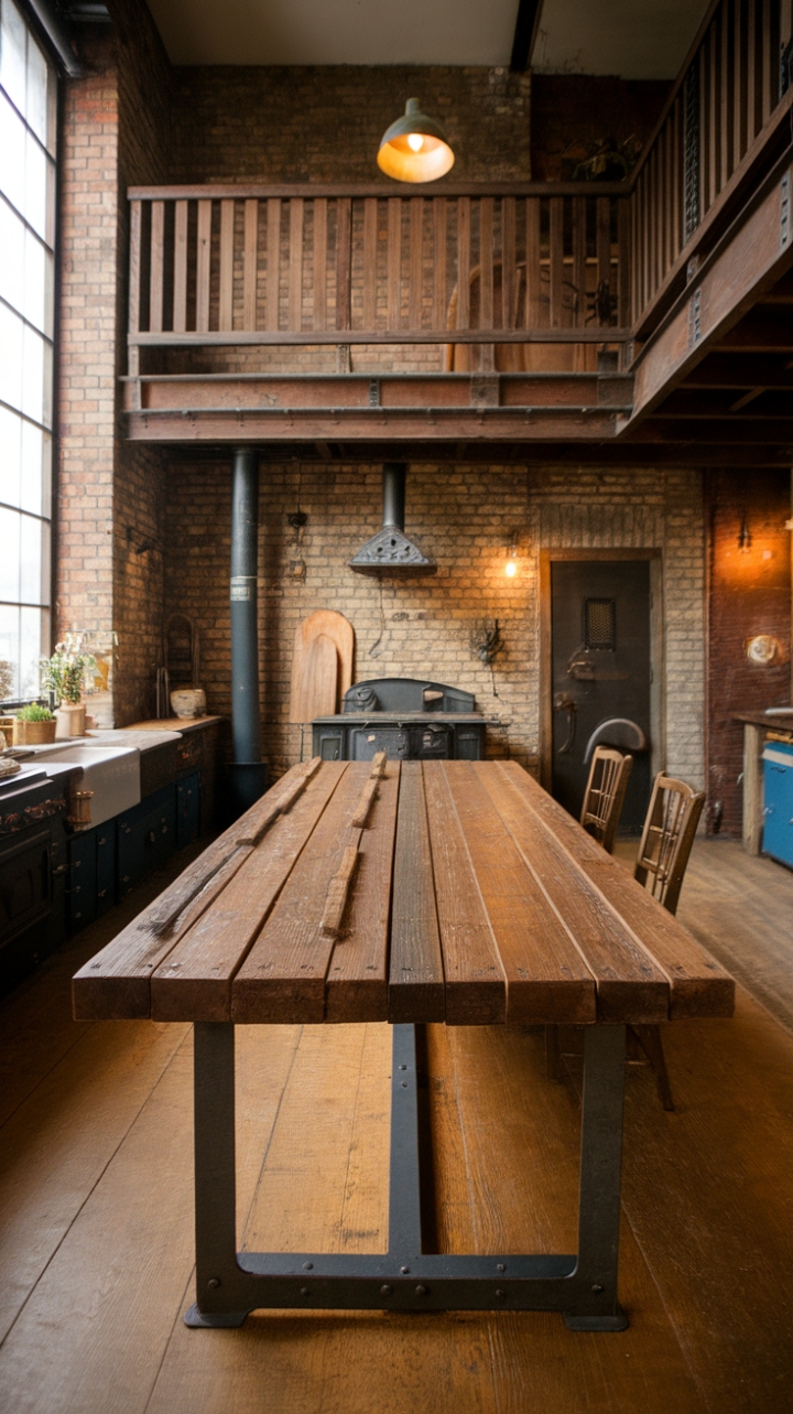 Imagine cozy evenings spent around a handcrafted table of reclaimed wood and welded steel, the aroma of home-cooked meals mingling with the rustic allure of exposed brick. This vintage industrial kitchen, complete with a charming loft and antique accents, is a testament to timeless design and captivating character. The warm lighting enhances the textures and details, creating an ambiance both inviting and unforgettable.