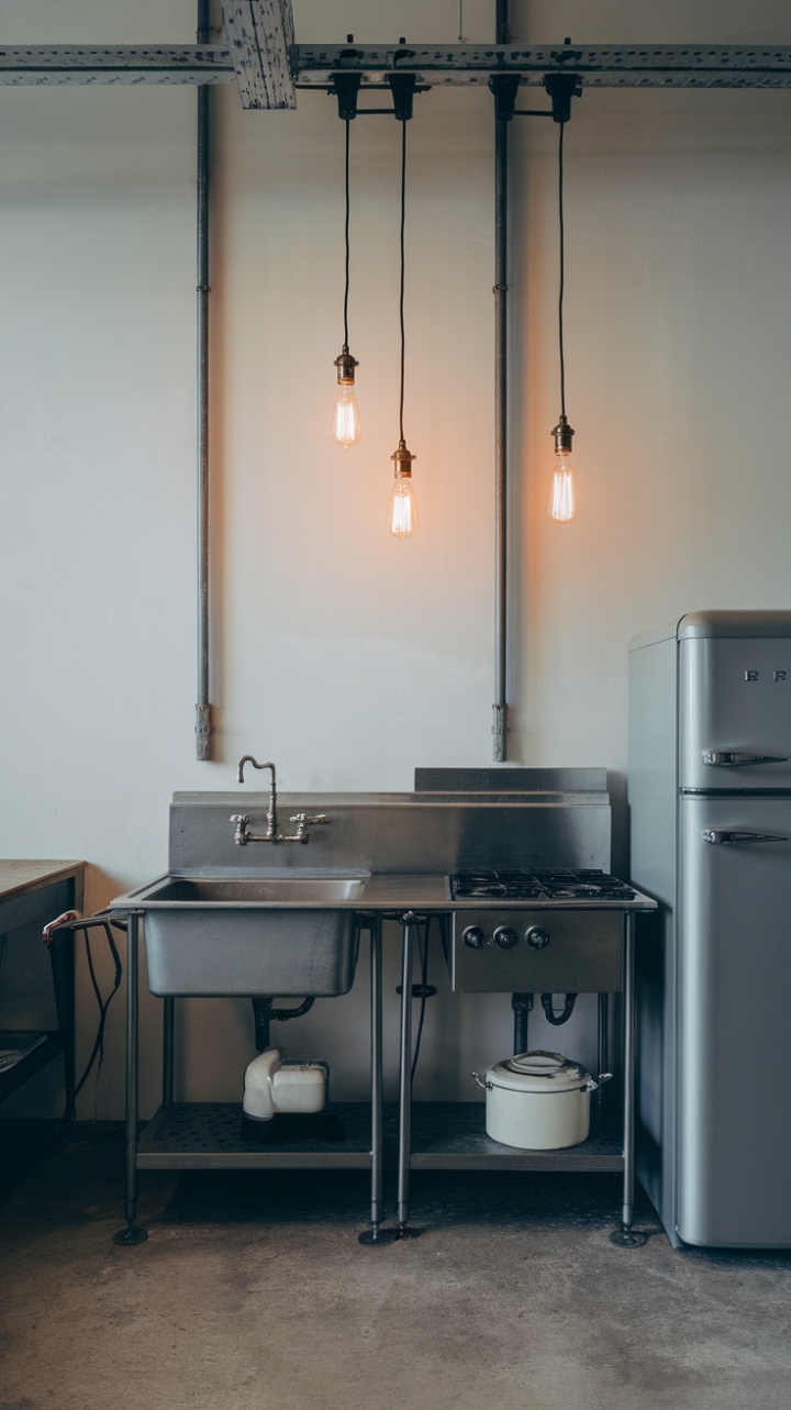 Concrete floors meet minimalist design in this industrial kitchen. Exposed bulbs dangle above a sleek workstation, complete with a metal sink, stove, and refrigerator, proving that less is truly more. The result? A space that's both strikingly modern and surprisingly inviting.