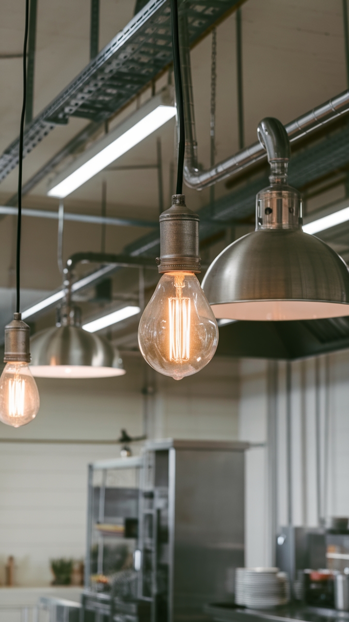 Raw, refined, and ready for anything. This industrial kitchen's minimalist aesthetic is a masterclass in form and function, where exposed metal and Edison bulbs create a captivating contrast against sleek surfaces. The strategic lighting—a blend of warehouse-style pendants and focused task lighting—illuminates every detail, from the gleaming countertops to the carefully curated collection of cookware.