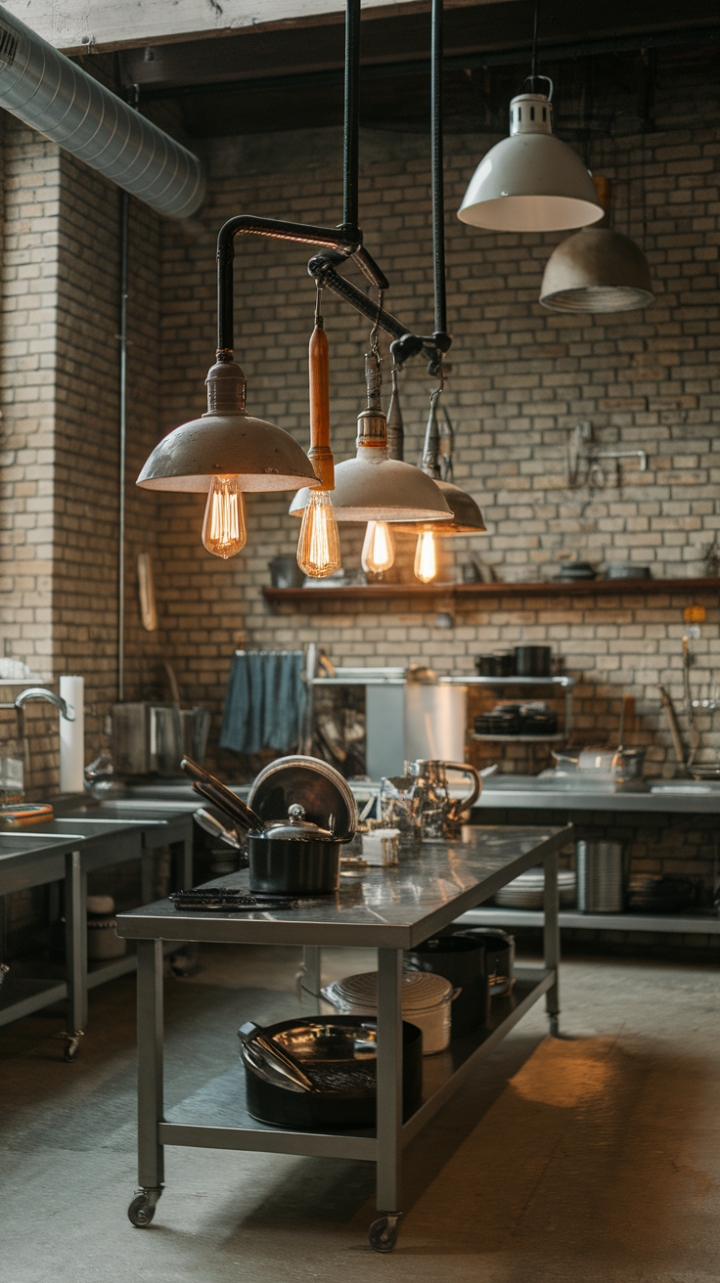 A symphony of light and shadow dances across the exposed brick walls of this stunning industrial kitchen. Pendant lights cast a warm, inviting glow over a long table laden with culinary tools, while task lighting ensures every detail is perfectly illuminated. The concrete floor and metal fixtures add a touch of rugged elegance, creating a space that's both stylish and supremely functional.