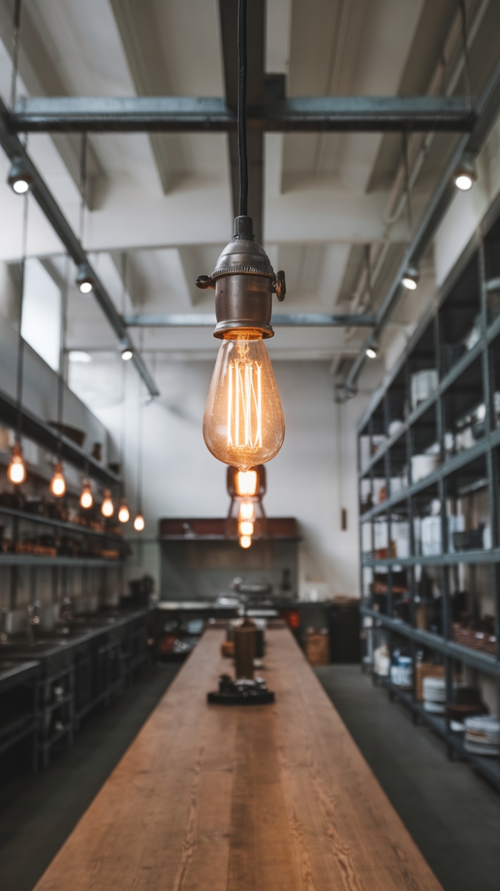 Unleash your inner chef in this stunning industrial kitchen. High ceilings and warehouse-style lighting create a dramatic backdrop for a minimalist design that's both bold and beautiful. Vintage pendant lights hang above a rustic wooden table, grounding the space with organic texture. Open shelving displays a curated collection, adding personality without sacrificing the clean lines of this functional and inspiring culinary haven.