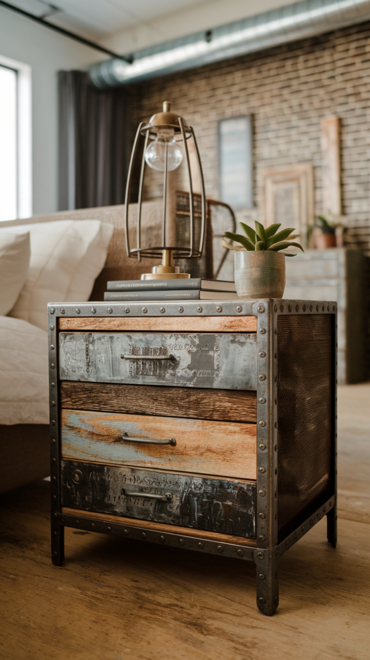 This rustic nightstand, a masterpiece of reclaimed wood and sturdy metal, anchors this modern industrial bedroom. The interplay of textures and materials—from the rough-hewn wood to the sleek metal frame—creates a captivating focal point, while the carefully chosen accessories whisper tales of comfort and style.