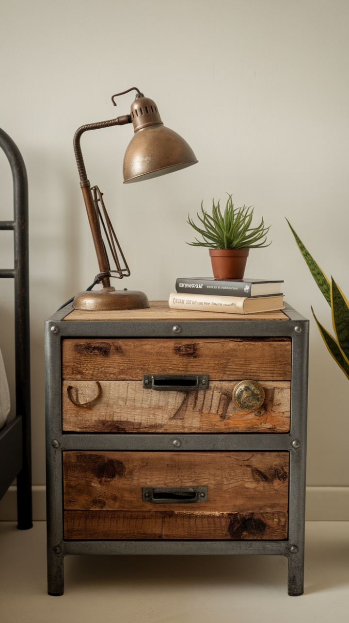 Craving a touch of urban grit in your bedroom? This reclaimed wood and metal nightstand is the perfect statement piece. Its aged texture and industrial design create a captivating focal point, while the carefully curated accessories – a vintage lamp, a captivating book, and a verdant plant – add a touch of lived-in luxury. A perfect blend of steampunk aesthetics and modern simplicity.