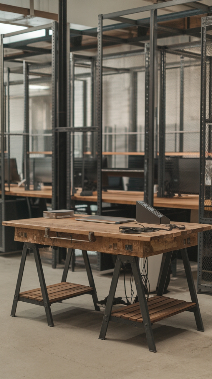 Ready to revamp your workspace? This reclaimed wood office table anchors a minimalist industrial haven, its vintage charm perfectly complemented by sleek metal accents. The result? A workspace that's both stylish and seriously functional.