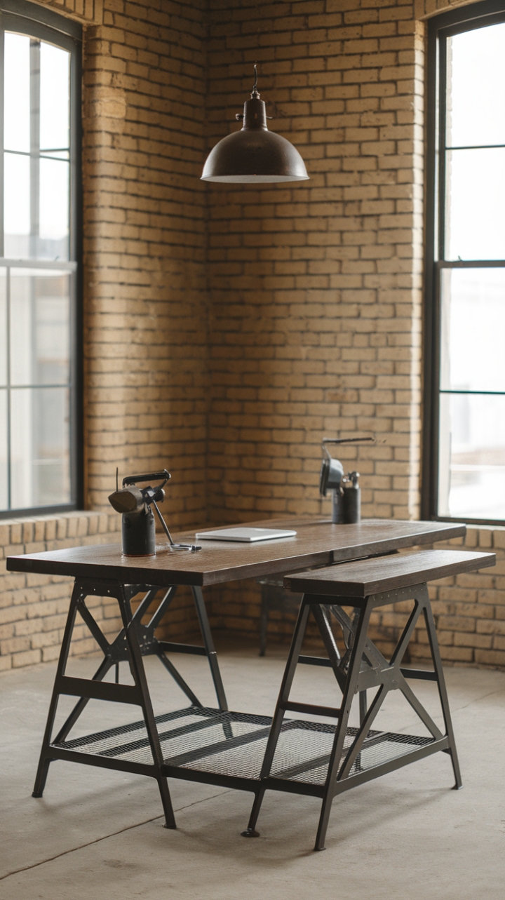 Imagine yourself working amidst this inspiring backdrop: a vintage-inspired work table, bathed in the warm glow of a rustic pendant light, set against the character-rich texture of exposed brick. This isn't just a desk; it's a statement piece that breathes life into any industrial-style space.