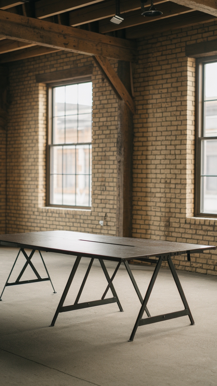 Craving a workspace that's both inspiring and functional? This image showcases the perfect blend of industrial grit and minimalist grace. A vintage worktable with a reclaimed wood top and a sturdy steel office table share center stage against a backdrop of exposed brick and wooden beams. The result? A space that's as stylish as it is productive.