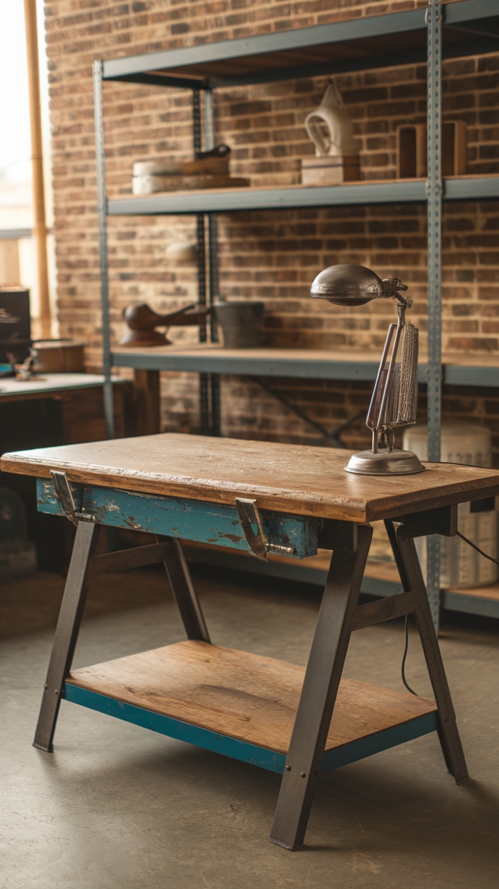 This isn't just a workspace; it's a statement. A vintage work table, its reclaimed wood top bearing the marks of history, anchors this industrial-chic office. The warm glow of the vintage lamp casts a welcoming light, highlighting the raw beauty of the exposed brick and the functional elegance of the metal shelving. A haven for inspired work.