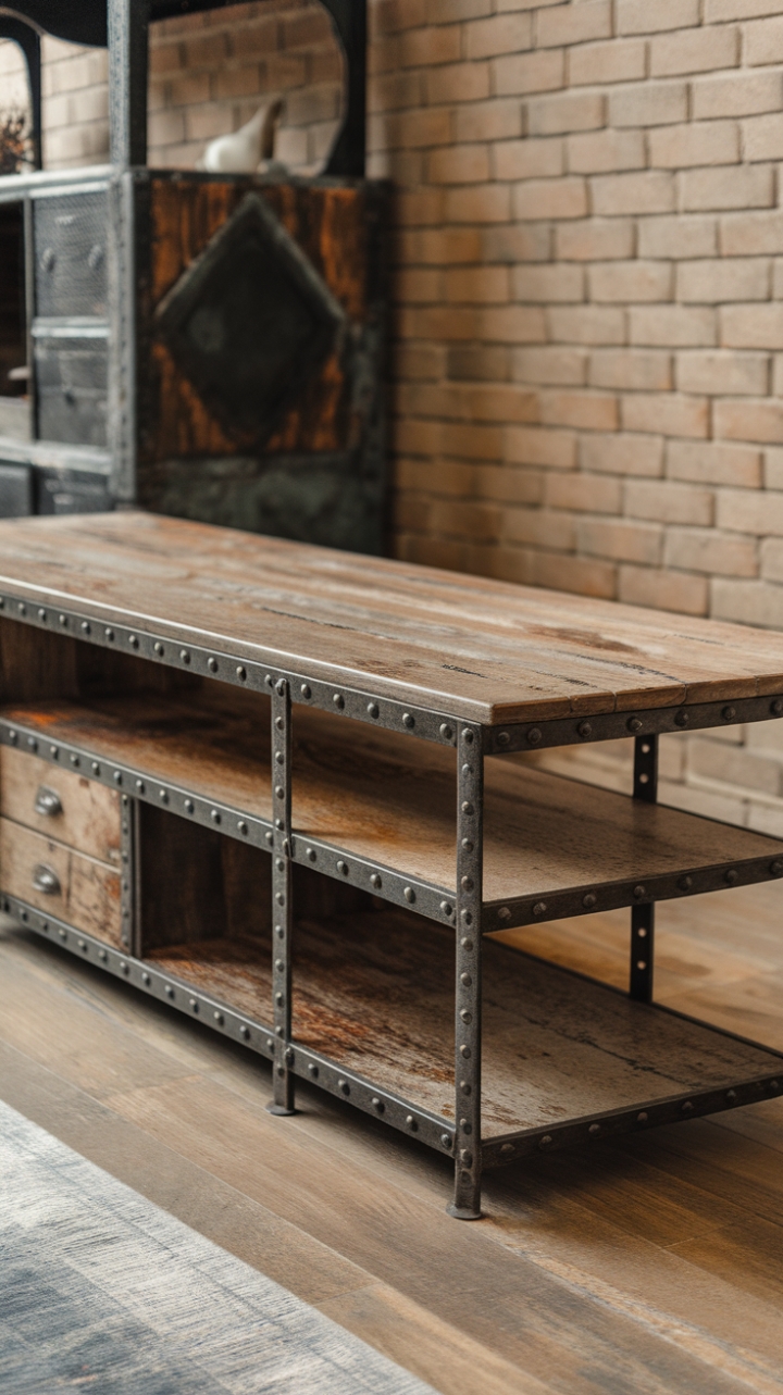 Raw industrial style meets vintage charm in this stunning metal TV console. The distressed wood top and exposed bolts of the warehouse-inspired frame create a captivating blend of textures and eras, perfectly complemented by the brick backdrop. A statement piece for any space craving character.