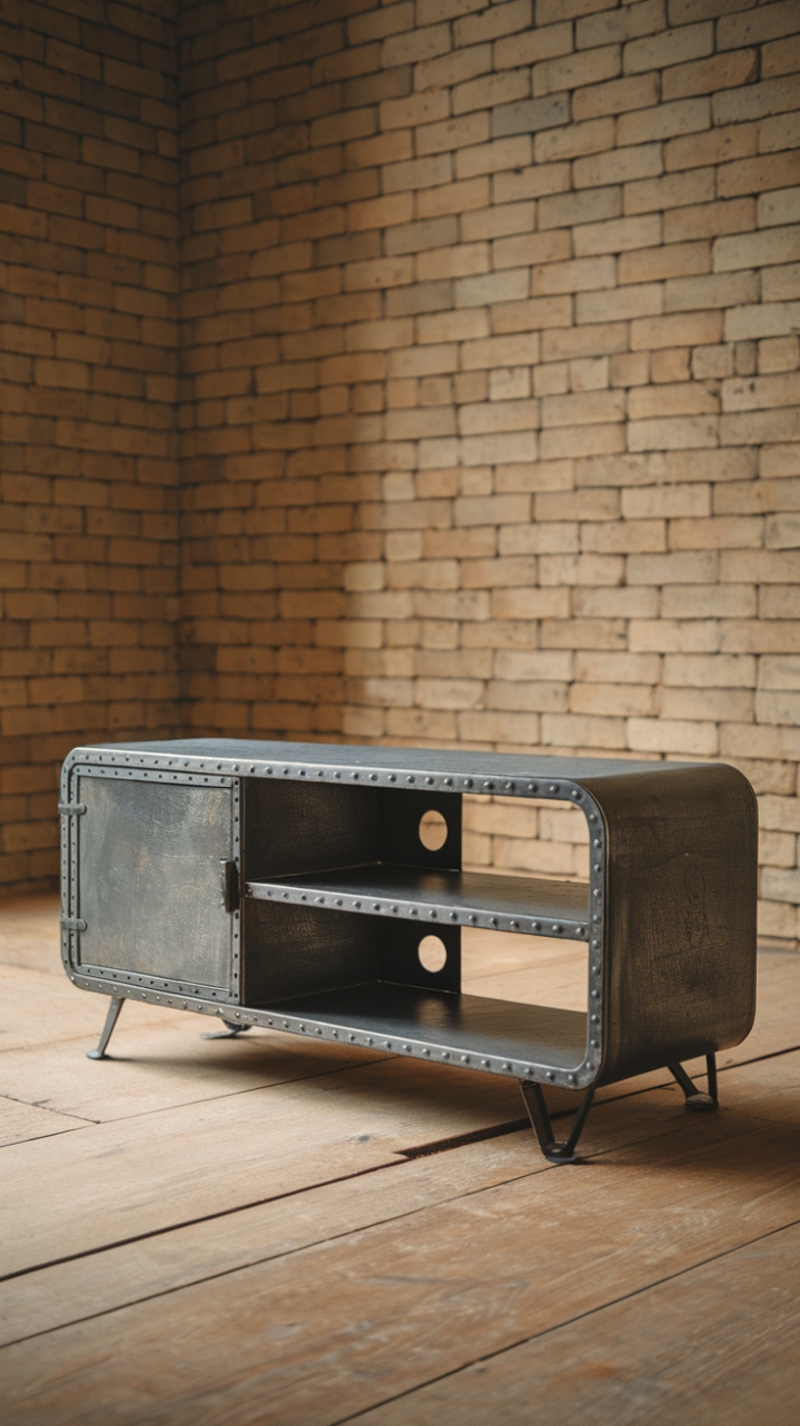 Ready to inject raw, urban cool into your living space? This rustic metal TV console, a masterpiece of industrial design, boasts a single door and open shelving, perfect for showcasing your favorite décor against a backdrop of exposed brick. Its rugged charm blends seamlessly with warm wood floors and warehouse-style lighting, creating a captivating focal point.