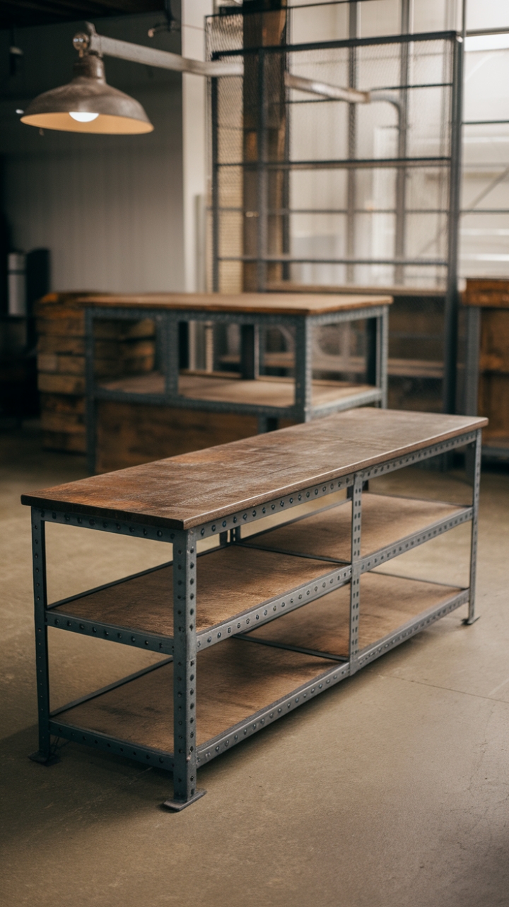 Raw, refined, and undeniably cool. This vintage industrial media console commands attention with its distressed wood top and sturdy grey metal frame, a testament to reclaimed style and urban chic. The open shelving offers both display space and a glimpse into the console's rugged construction, perfectly complementing the concrete floor and warehouse-inspired aesthetic.