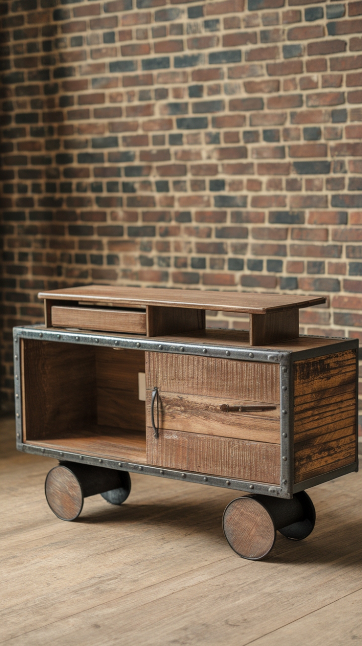 This isn't just storage; it's a statement. A rustic, industrial media console, crafted from reclaimed wood and accented with a raw metal frame, commands attention against a backdrop of exposed brick. The distressed finish adds character, while the generous storage keeps things organized – a perfect blend of form and function for the modern home.