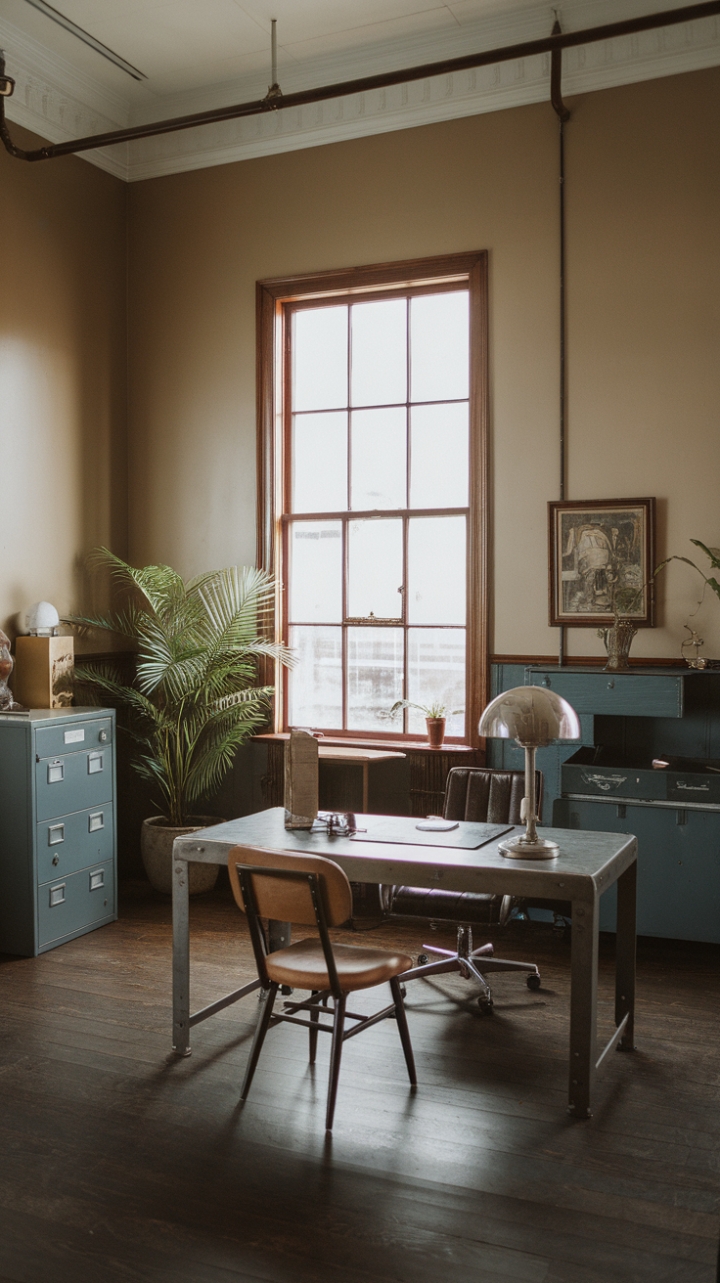 Ready to infuse your space with raw, refined style? This mid-century industrial haven boasts soaring ceilings, a rich palette of beige and dark wood, and vintage industrial finds that sing a song of timeless cool. The metal desk, perfectly complemented by the aged filing cabinet and a touch of greenery, creates a workspace that's both functional and fiercely stylish. A vintage lamp casts a warm glow, adding a layer of inviting comfort to this otherwise ruggedly handsome room.