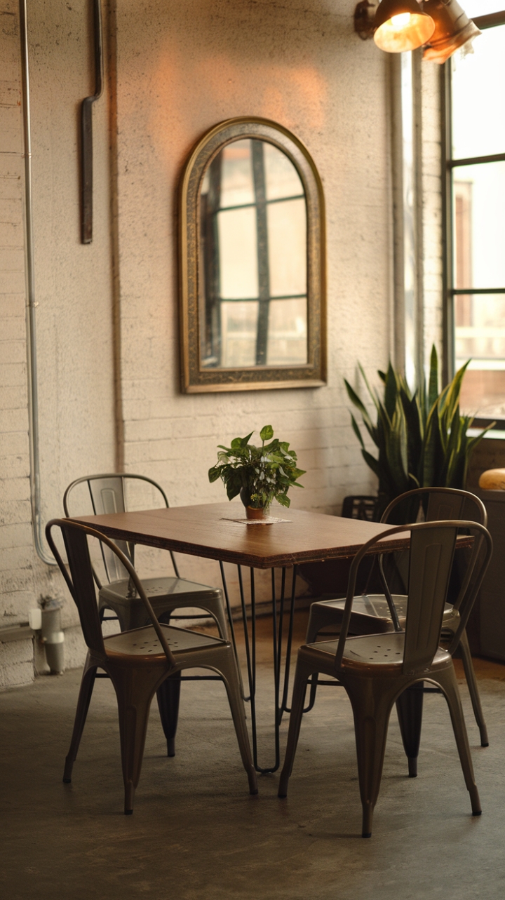 Mid-century cool meets industrial edge in this captivating space. A vintage mirror's brass gleam catches the warm light, reflecting off a concrete floor and a wooden table styled with simple elegance. Steel chairs and a verdant plant complete the scene, a testament to timeless design.