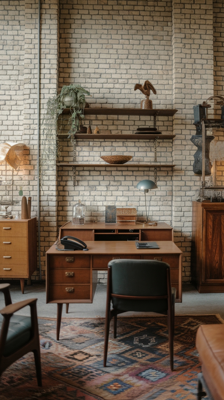 Unwind in this mid-century haven, where vintage charm meets industrial grit. Warm wood tones and a patterned rug soften the exposed brick, creating a space that's both stylish and inviting. The perfectly curated details, from the desk's thoughtful accessories to the thoughtfully placed greenery, whisper a story of collected style and lived-in luxury.