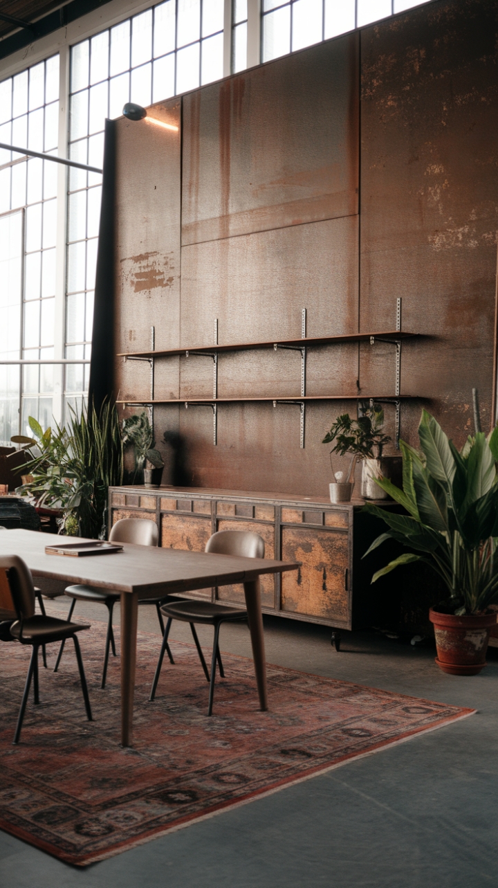 Sun-drenched sophistication meets raw industrial charm. This mid-century haven boasts a symphony of textures—from the rich patina of the vintage wooden cabinet to the plush patterned rug beneath a substantial dining table. The high ceilings and abundant natural light amplify the space's inherent warmth, creating an inviting atmosphere perfect for both intimate gatherings and quiet contemplation.