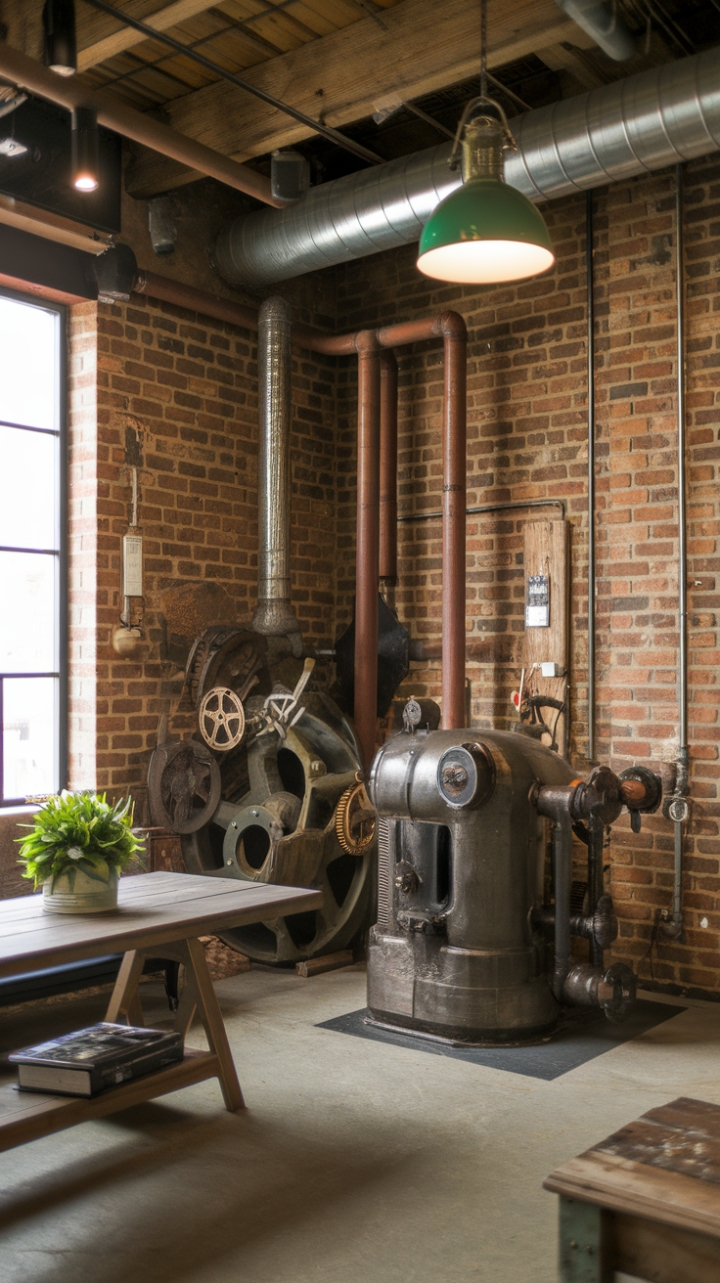 A symphony of steel, wood, and brick. This eclectic space pulsates with the energy of a bygone era, where vintage industrial design meets contemporary comfort. A magnificent antique machine anchors the room, its intricate gears a testament to craftsmanship, while pops of green from a potted plant and a stylish lamp add a touch of unexpected softness.