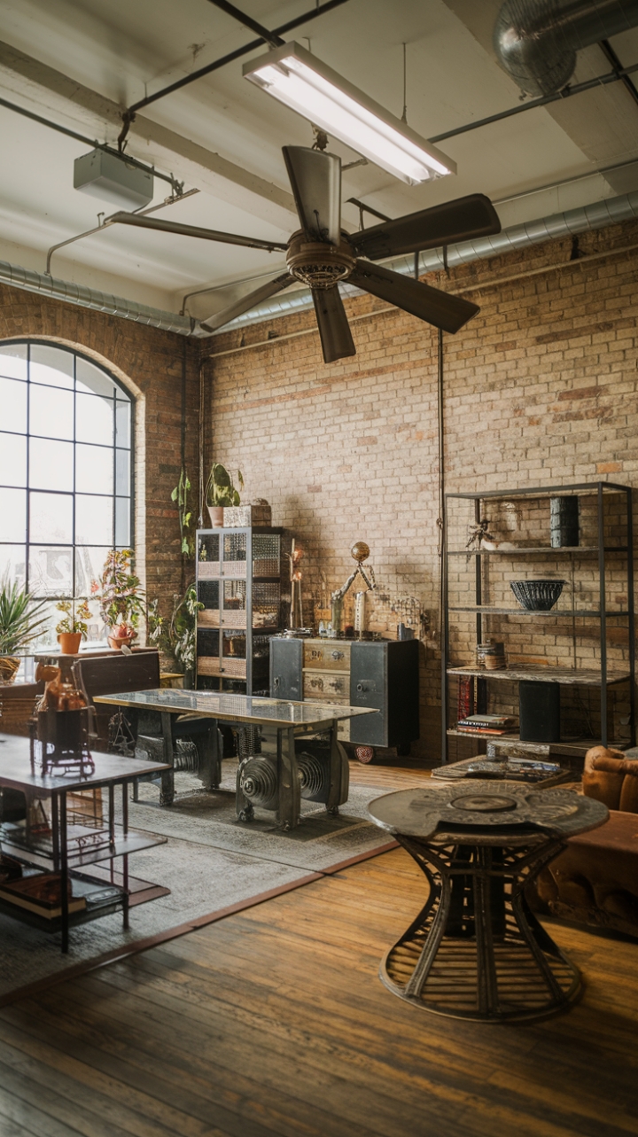 Ready to infuse your space with raw, captivating charm? This eclectic haven masterfully blends rustic modernism with industrial grit. Exposed brick whispers stories of the past, while a colossal vintage fan commands attention, its metallic blades a mesmerizing dance against the high ceilings. Reclaimed wood whispers underfoot, grounding the space as steampunk-inspired furniture adds a touch of whimsical ingenuity. Potted plants punctuate the scene, injecting life into this beautifully imperfect sanctuary.