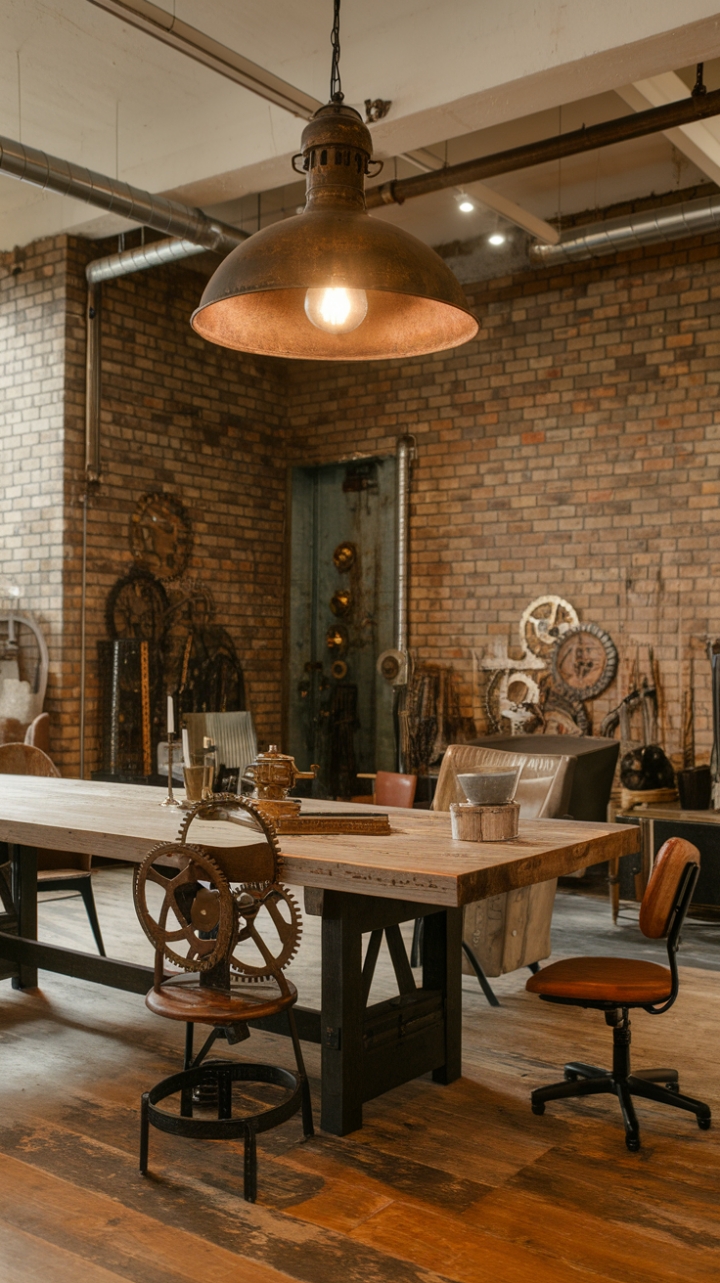 Raw brick walls meet reclaimed wood floors in this captivating industrial-chic living space. A colossal factory table anchors the room, its rustic charm amplified by a mismatched ensemble of seating—a steampunk chair with intricate gears rubbing shoulders with a vintage wooden counterpart. A weathered pendant light casts a warm glow, completing the scene's perfectly imperfect aesthetic.