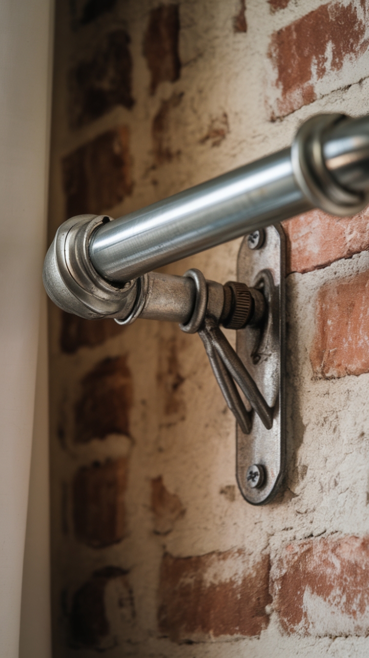 Unleash your inner industrial designer! This striking steel pipe curtain rod, showcasing authentic vintage hardware, adds instant grit and character to any room. The perfect blend of form and function, it's a statement piece that demands attention against a rustic brick wall.